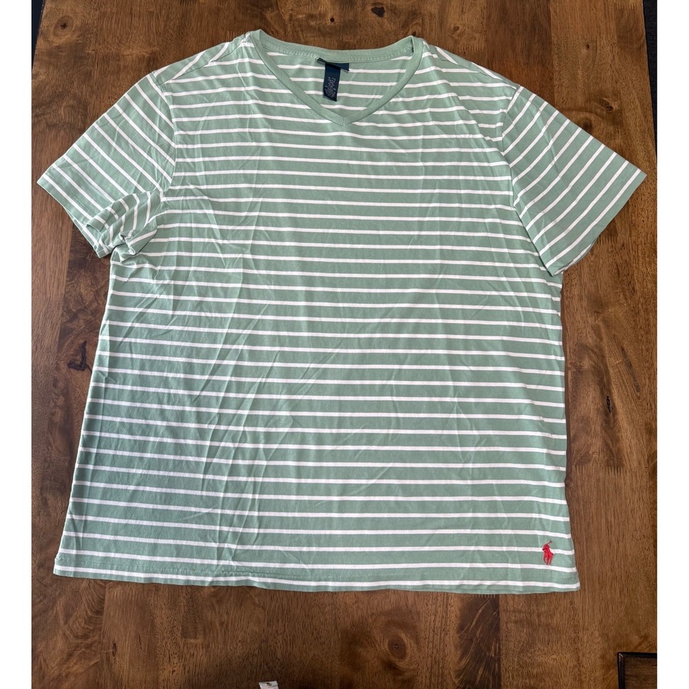 EUC Mens Polo Ralph Lauren short sleeve green white stripe tshirt cotton size XL